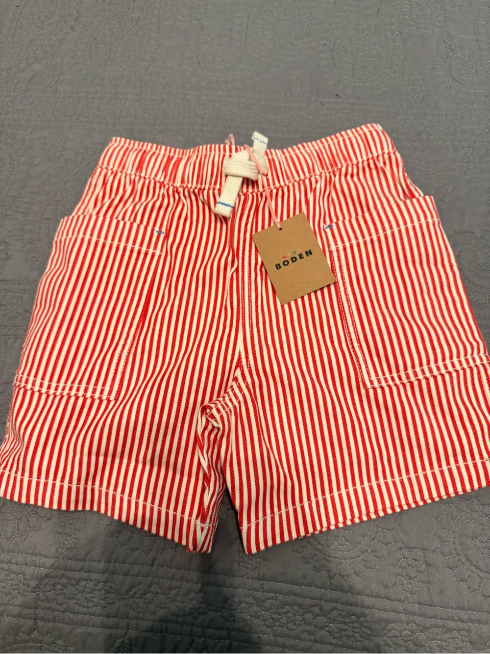 Mini Boden Red and White Striped boys Flat Front Shorts